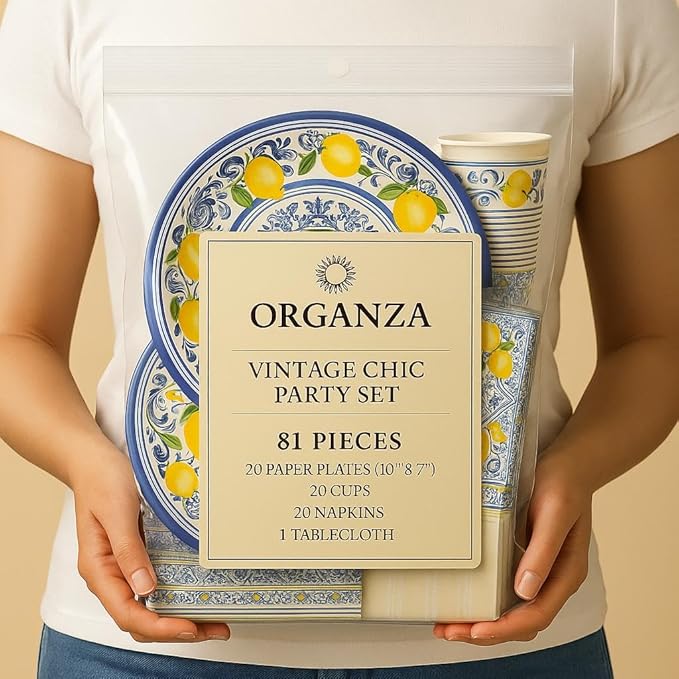 Elegant Disposable Tableware Set | 81 Pcs | Serves 20 Guests l 20 Extra Thick Paper Party Plates + 20 Cups + 20 Napkins + 1 Large Tablecloth | Perfect for Events, Baby Showers, Weddings & Picnics.