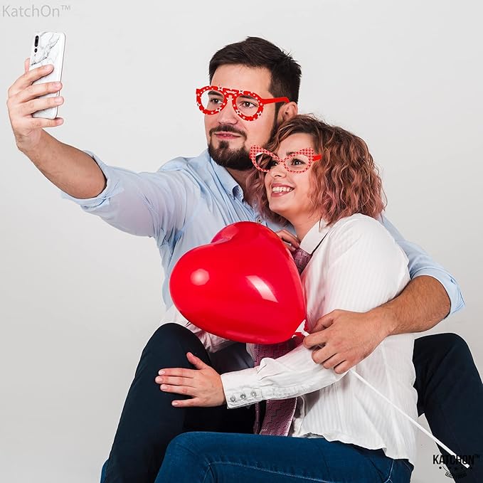 KatchOn, Red Heart Glasses - Pack of 12 | Valentines Glasses for Valentines Day Decorations | Valentines Photo Props for Valentines Decor | 6 Designs Heart Shaped Glasses | Galentines Day Decorations