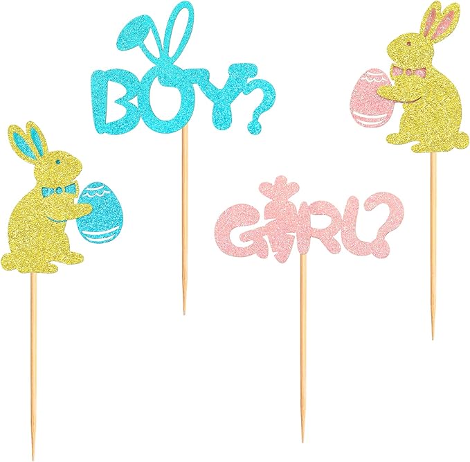 Ercadio 24Pcs Easter Day Rabbit Boy or Girl Cupcake Toppers Glitter Pink Blue Bunny Boy or Girl Cupcake Picks for Easter Gender Reveal Cupcake Toppers Easter Theme Birthday Baby Shower Party Supplies