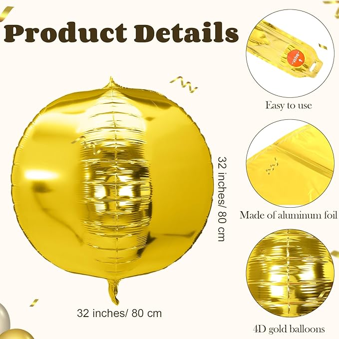 3 Pcs 32 Inch Metallic Gold Foil Giant Balloons 4d Jumbo Round Ball Large Holographic Balloons for Birthday Wedding Bridal Shower Anniversary Party Backdrop Decorations
