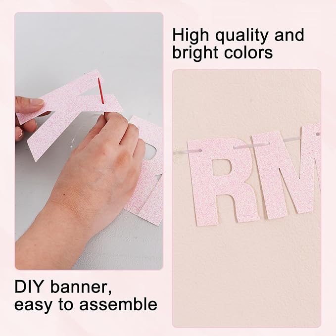 BEISHIDA 116 PCS A-Z DIY Letter Banner Kit Make Your Own Banner Glitter Light Pink Including 111 Letters and Numbers 3 Rope and 2 Threading Device,Customized for Birthday Wedding Party Decor