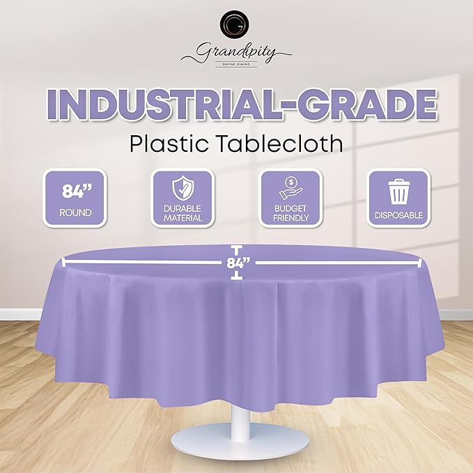 Grandipity 12 Pack Premium Disposable Plastic Tablecloth 84" Inch Decorative Round Table Cover - Lavender