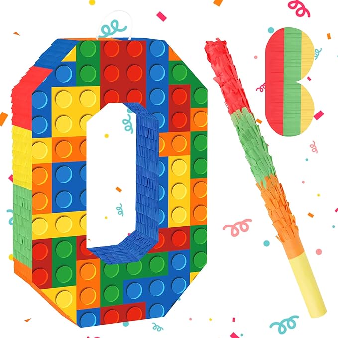 Number 0 Pinata Building Blocks with Pinata Stick Blindfold 10th Birthday Party Decorations for Kids Happy Birthday Building Block Theme Anniversary Party Supplies (Small, 16 x 10.6 x 3 In)