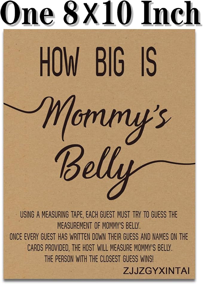 How Big is Mommy's Belly? Rustic Baby Shower Gender Neutral Game Includes 8x10 Inch Kraft Standing Sign and 50 Guessing Cards, 3 Rolls 10 Feet Measuring Tape