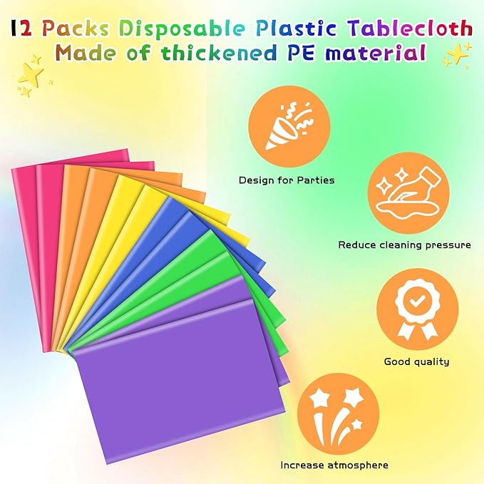 Mwellewm 12Pcs Plastic Table Cloth Disposable, Assorted Color Rainbow Tablecloth Colorful Neon Rectangle Bulk Solid Table Cover for Birthday Wedding Graduation Picnic Home Party Decoration(54x72 Inch)