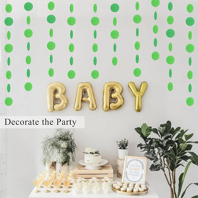 MerryNine Paper Garland 5 Pack, 50ft Glitter Paper Garland Circle Dots Hanging Decor, Banner for Baby Shower, Birthday, Nursery Party Decor (Green)