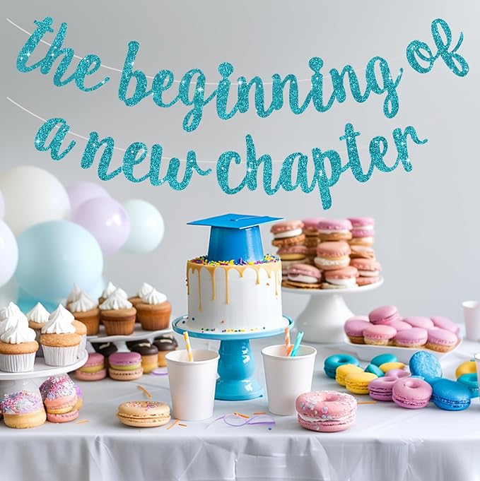 BEISHIDA The Beginning of A New Chapter Banner, Farewell party Decoration,Graduation Sign 2026 Banner,Happy retirement Supplies,Going away party Sign Garland,Graduation banner Glitter Lake Blue