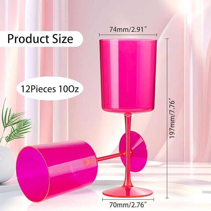 Ciaell 12 Pack Plastic Wine Glasses - 10Oz Hot Pink Plastic Wine Glasses With Stem - Disposable Stemmed Cups for Parties & Weddings & Easter