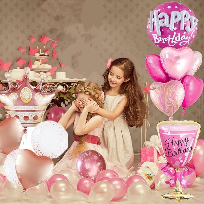 Rose Gold Crown Mylar Balloons And Pink Birthday Large Round Mylar Balloons Set For Birthday Decorations For Women