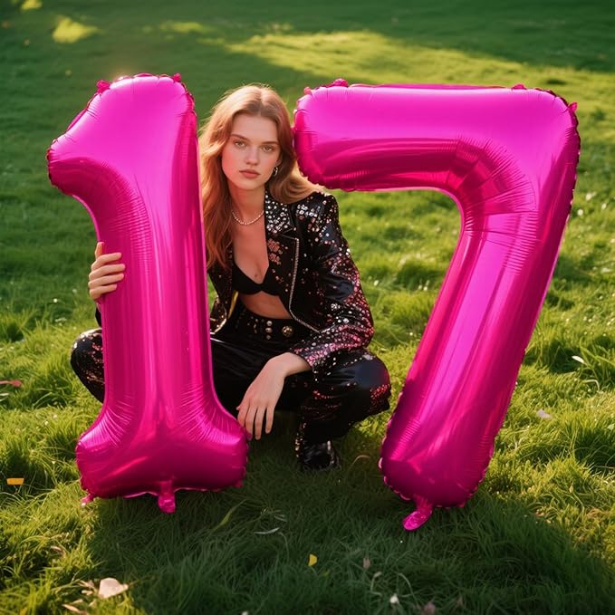 Rose Red Number 7 Balloon 40 Inch,Jumbo Giant Mylar Hot Pink Number 7,Big Large Foil Helium Number Balloons, Balloons for 17 27 Birthday Party Decorations Supplies Anniversary Celebration