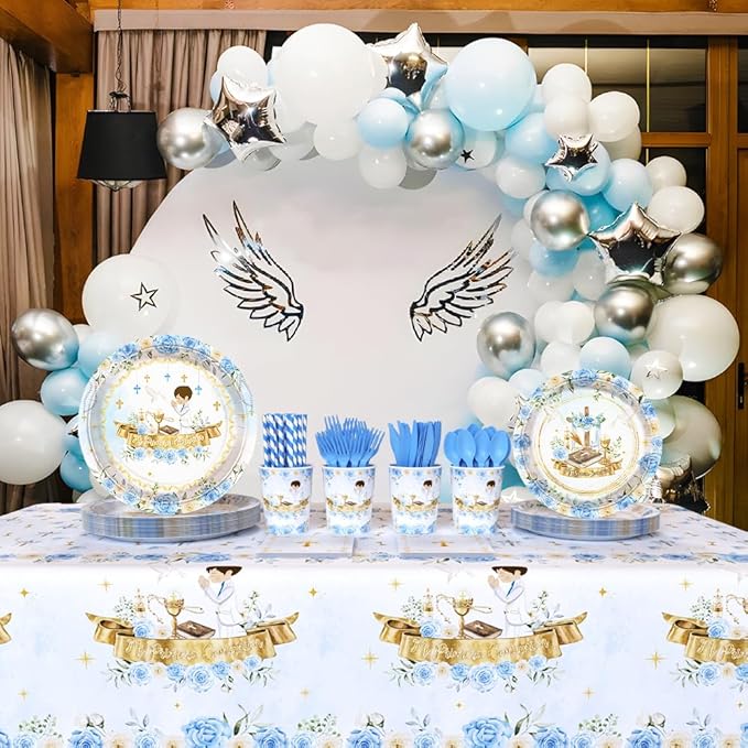 194 Pcs Mi Primera Comunion Baptism Party Decorations for Boy Blue First Holy Communion Party Supplies God Bless Disposable Tableware Set with Plates Napkins Cups Tablecloth Serves 24