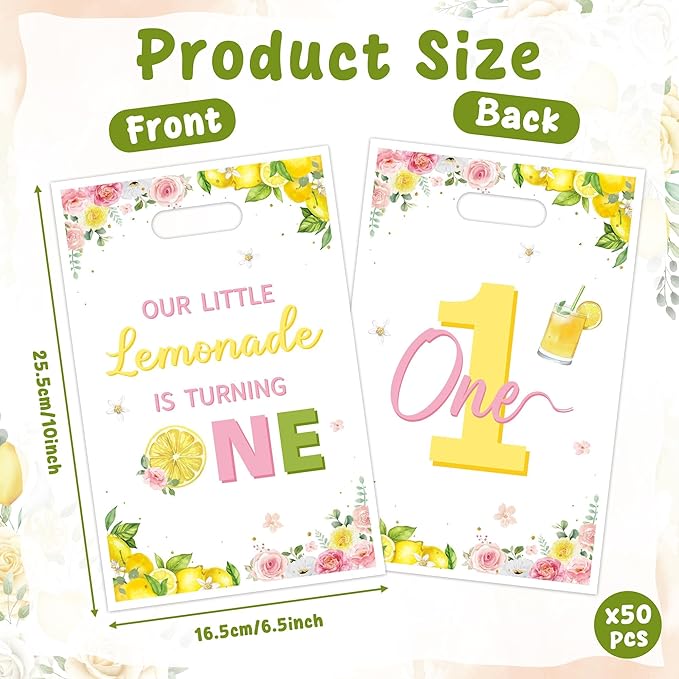 Lemon 1st Birthday Party Favor Bags - 50Pcs Our Little lemonade is Turning One Goody Candy Treat Bags, Summer Lemon Themed Baby First Birthday Party Decorations for Baby Shower