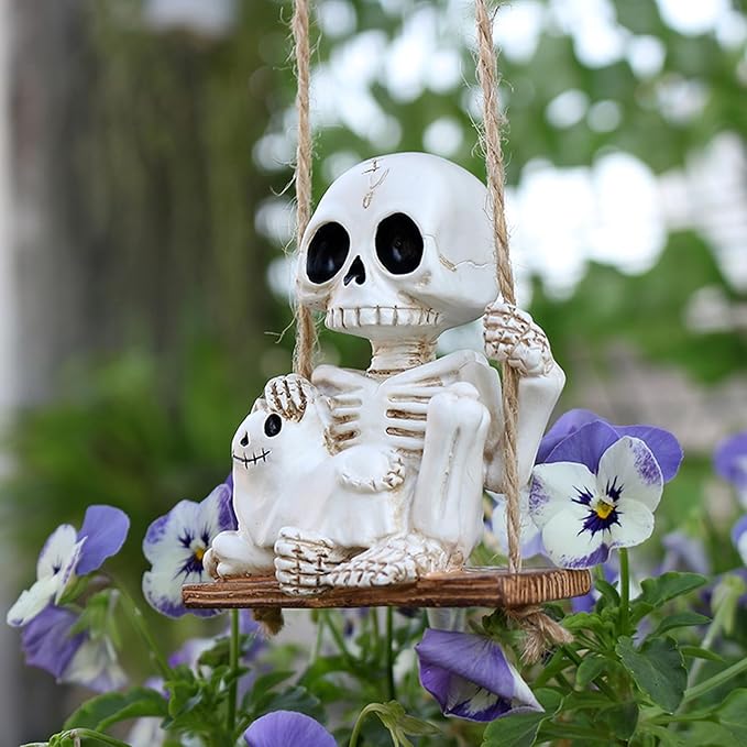 Halloween Skeleton Garden Statue Outdoor Halloween Decor, 2 Pack Gothic Decor Skeleton Plant Decorations for Pots, Cute Ghost Figurine Resin Sculpture for Desk Garden Patio Lawn Yard (F)
