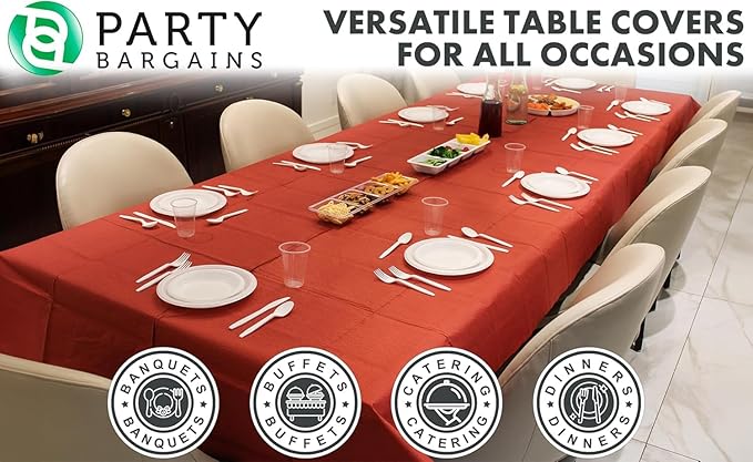 PARTY BARGAINS Disposable Table Covers, 54 x 108 Inch, Red, 3-Ply Paper & Plastic Spill-Resistant Party Tablecloths, 1 Pack