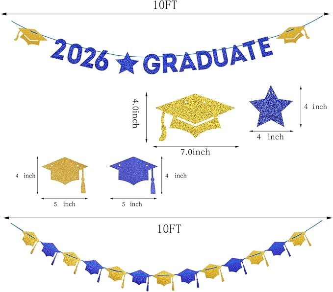 Navy-Blue White-Gold Party-Decoration Graduation Banner - 8pcs Kits Cap Garland Streamers, Paper Tissue Pom Poms Flowers, 2025 Craduate Banner Congratulations Grad Decor Lasting Surprise