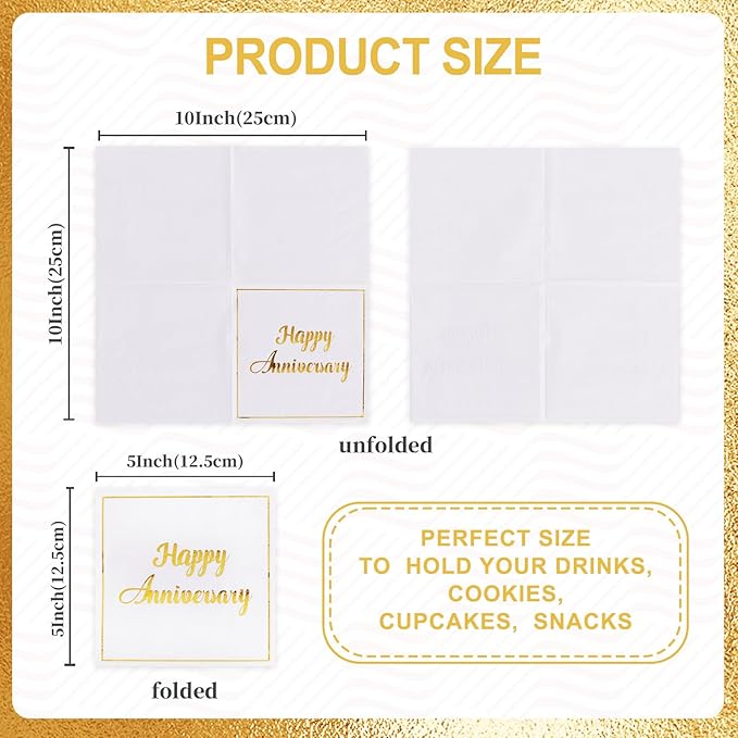 Vuzvuv 50 Pack Gold Foil Happy Anniversary Decorations Cocktail Napkins - Wedding Dating Anniversaries Party Dinner Hand Napkin for Party Supplies Decorations Table Decor (5" Folded 2 Ply)