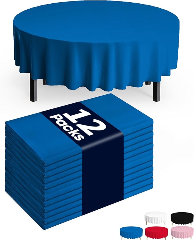 Pureegg Plastic Table Cloth Disposable 12 Pack, 84'' Round Table Cloths, Graduation Decorations Class of 2026, Graduation Party Tablecloths, Round, Plastic Cover, Leakproof & Sturdy, Blue