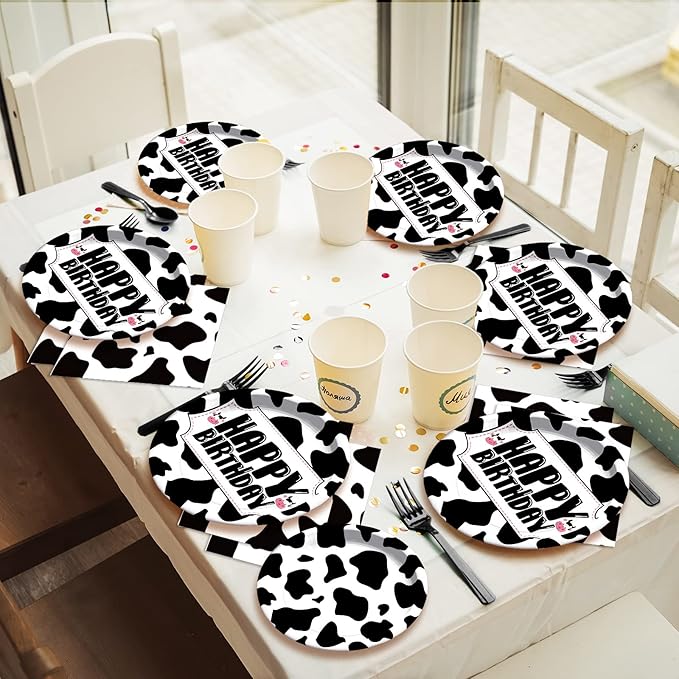 Wiooffen 96 Pcs Cow Print Birthday Party Supplies Farm Animal Cow Print Plates and Napkins Cow Party Tableware Set Cow Themed Party Decoration For 24 Guests