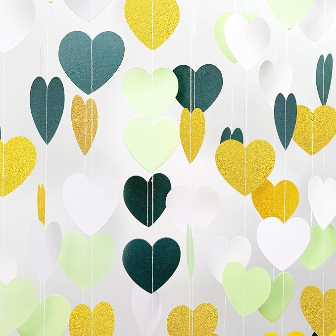 Sage-Green White Gold Party Decorations – 52Ft Paper Heart Garland Streamer Birthday Banner Engagement Bachelorette Wedding Baby Bridal Shower Valentines Day Hanging Decor
