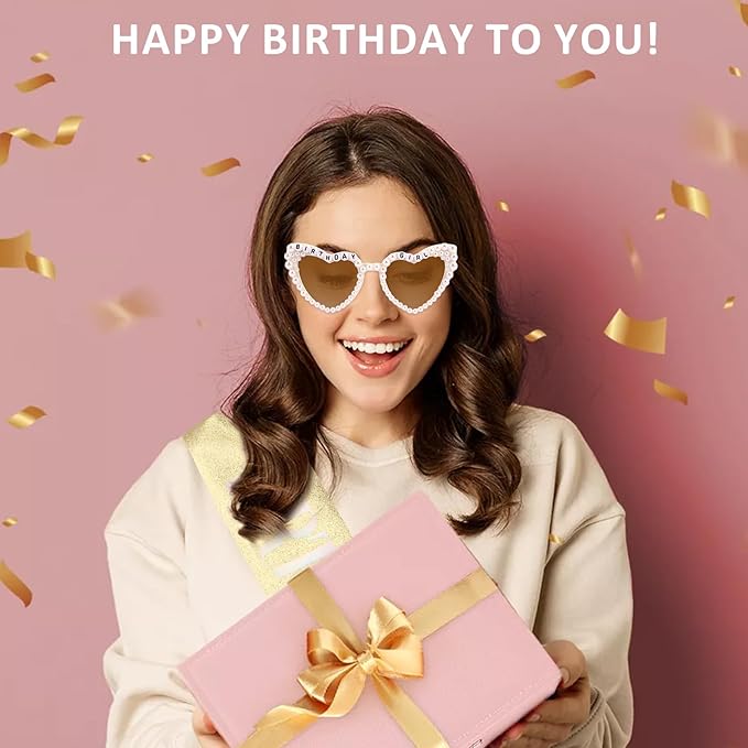 Birthday Sash & Glasses Set, Gold Birthday Sash for Women, Happy Birthday Decorations Outfits Accessories Party Favors Set for Women