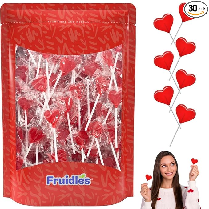 Fruidles Lollipops Mini Red Heart Shaped Strawberry Flavored Individually Wrapped, 5g 30 Lollipops Half-Pound