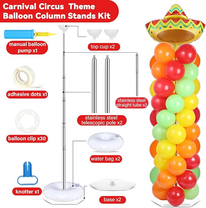 2 Sets Mexican Fiesta Balloon Column Stand Kit with 102 Balloons 5.57Ft Adjustable Balloon Tower Stand with Base Floor Cactus Sombrero Adjustable Arch Column for Mexican Fiesta Birthday Party Supply