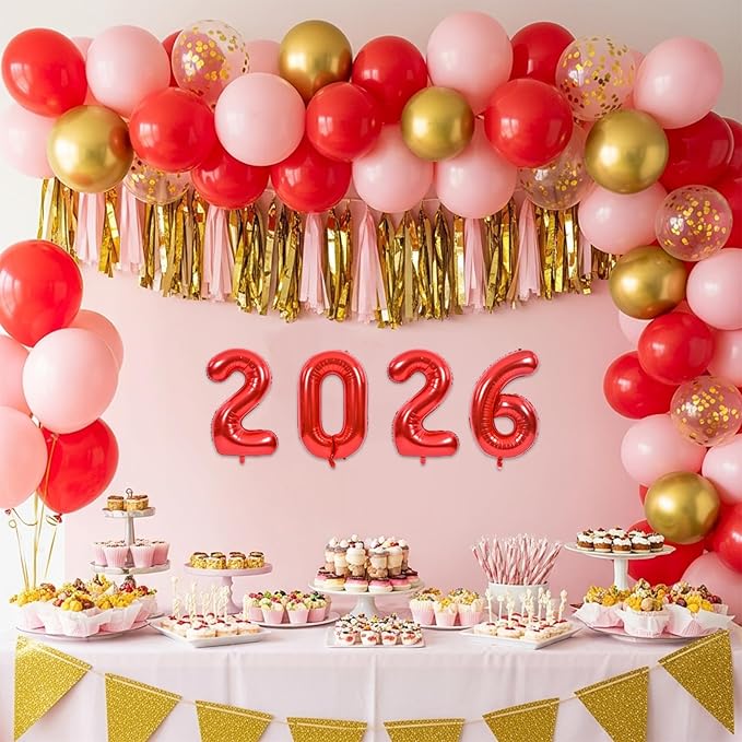 TONIFUL 2026 Red Foil Number Balloons 16 Inch Red Number Banner 2026 Graduation Aluminum Foil Mylar Balloons for New Year Eve Christmas Anniversary Party Supplies