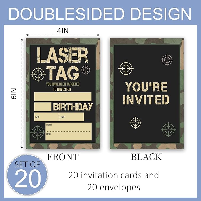 Laser Tag Camo Birthday Party Invitations, Laser Tag Theme Invites Cards, 20 Count with Envelopes, 4 x 6 Double Sided Printed Fill In Blank, Party Supplies for Boys Girls Teen