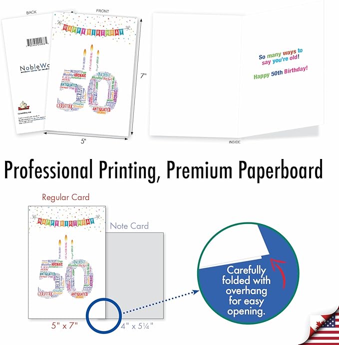 NobleWorks - 50th Funny Card for Birthday - Milestone Bday of 50 Years, Celebrate and Congrats Notecard with Envelope - Word Cloud 50 C3249MBG