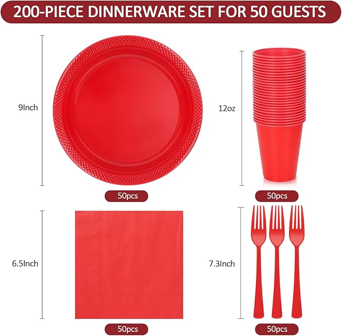 Red Plastic Plates for Party, Disposable Red 9'' Dinner Party Plate Cups Napkins Set for 50 Guests, Party Supplies Dinnerware for Christmas, Birthday,Wedding, BBQ