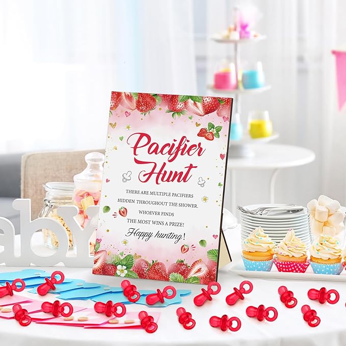 Thyle 51 Pcs Pacifier Hunt Baby Shower Games Include Hunt Sign and 50 Acrylic Pacifiers for Baby Shower Game Decoration Gift Sets Gender Reveal Party Decor(Strawberry)