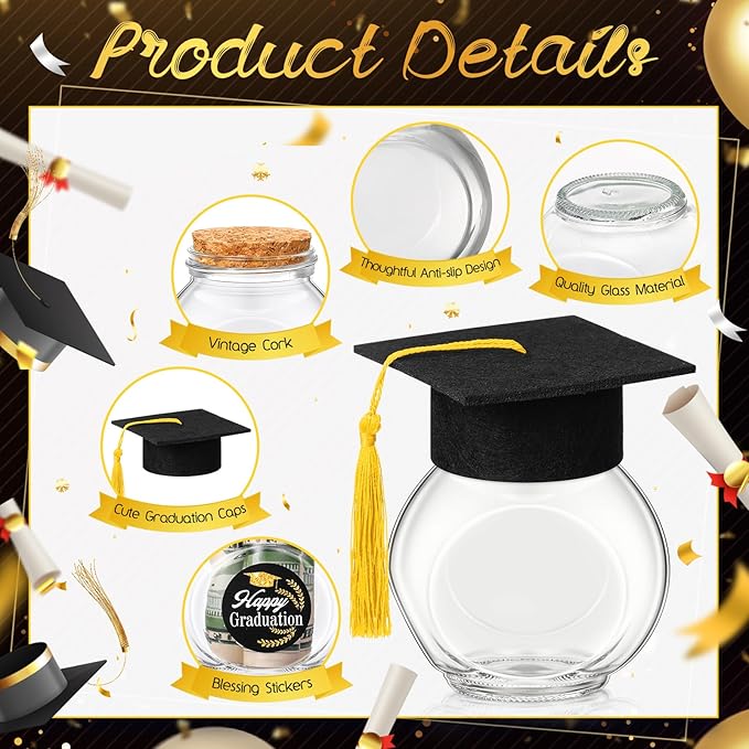 20 Sets Glass Graduation Cap Candy Jars Class of 2026 Graduation Party Decorations Candy Boxes Containers with Sticker for 2026 Grad Ceremony Party Supplies DIY(Black and Gold)