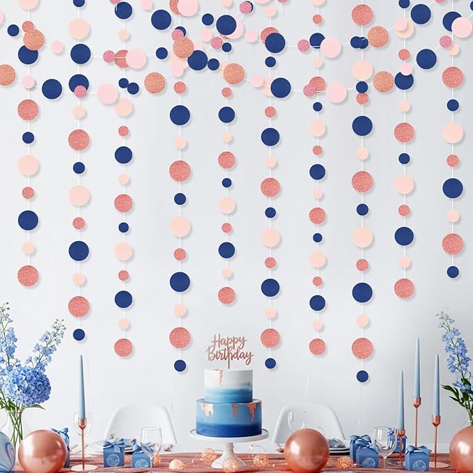 Outus 5 Pieces Blue,Pink,Rose Gold Round Dots Garland Easter Graduation Party Hanging Decor Each Length 13.1ft Glitter Paper Dot Streamers for Birthday Wedding Classroom
