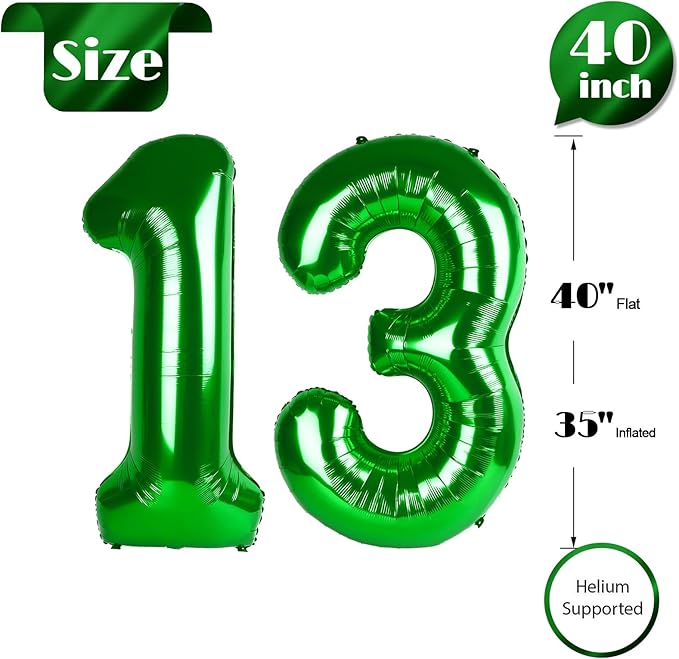 13 Balloon Number, Green Number 13th 31th Birthday Balloons 40 Inch, 13 or 31 Years Old Green Birthday Decorations for Boys Girls, 13th Anniversary Decorations