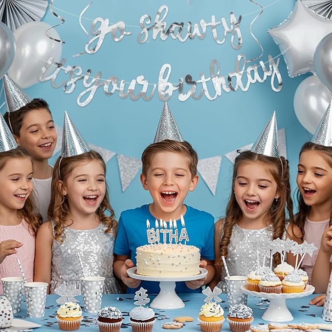 BEISHIDA Go Shawty It's Your Birthday Banner NO DIY Hip Hop Theme Happy Birthday Banner Pre-Strung Rap Theme Happy Birthday Sign for Man Women birthday Party Supply Double-Sided Bright Silver