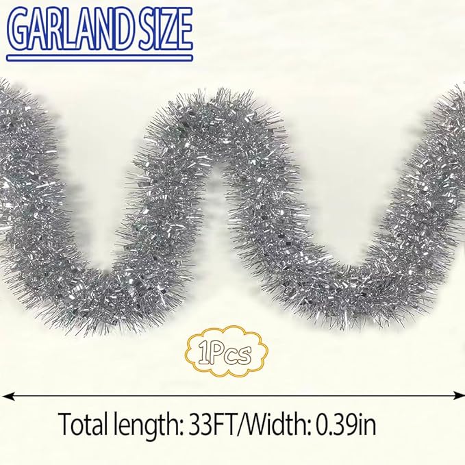 33Ft Christmas Tinsel Garland Shiny Thick Tinsel Xmas Tree Decor Metallic Twist Foil Garland for New Year Parties Birthday Party Thanksgiving Day Parade Floats Indoor Outdoor Supplies - Silver