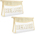 Iqimott 2Pcs Clear Patch Makeup Letter Bag, Boho Letter Bag for Beach Swim, Waterproof Zipper Make up Bags Toiletry Pouch for Women Girls, Clear Letters Patch Cosmetic Bags for Travel(Beach)