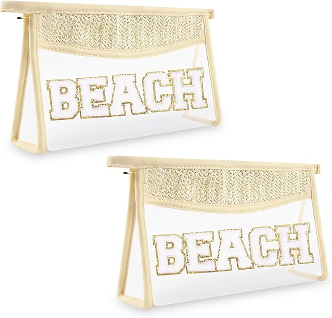 Iqimott 2Pcs Clear Patch Makeup Letter Bag, Boho Letter Bag for Beach Swim, Waterproof Zipper Make up Bags Toiletry Pouch for Women Girls, Clear Letters Patch Cosmetic Bags for Travel(Beach)