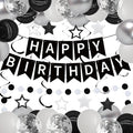 ZHENGYE Black Birthday Party Decorations Set: Happy Birthday Banner, Circle Dots, Stars Swirls Streamers, Black, White & Silvery Balloons, Confetti Balloons
