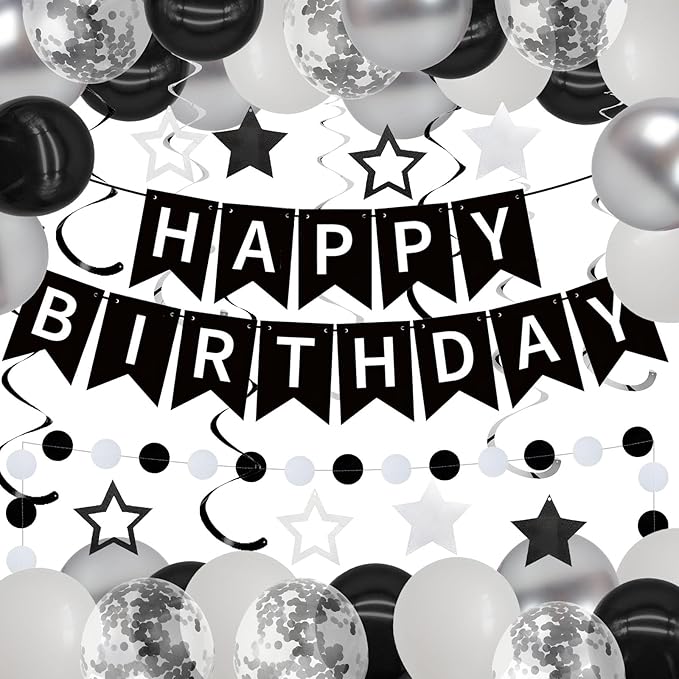 ZHENGYE Black Birthday Party Decorations Set: Happy Birthday Banner, Circle Dots, Stars Swirls Streamers, Black, White & Silvery Balloons, Confetti Balloons