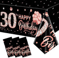3 Pack Rose Gold Happy Thirty Table Cover - 30th Birthday Party Supplies, Plastic Disposable Rectangular Table Cloth Decor