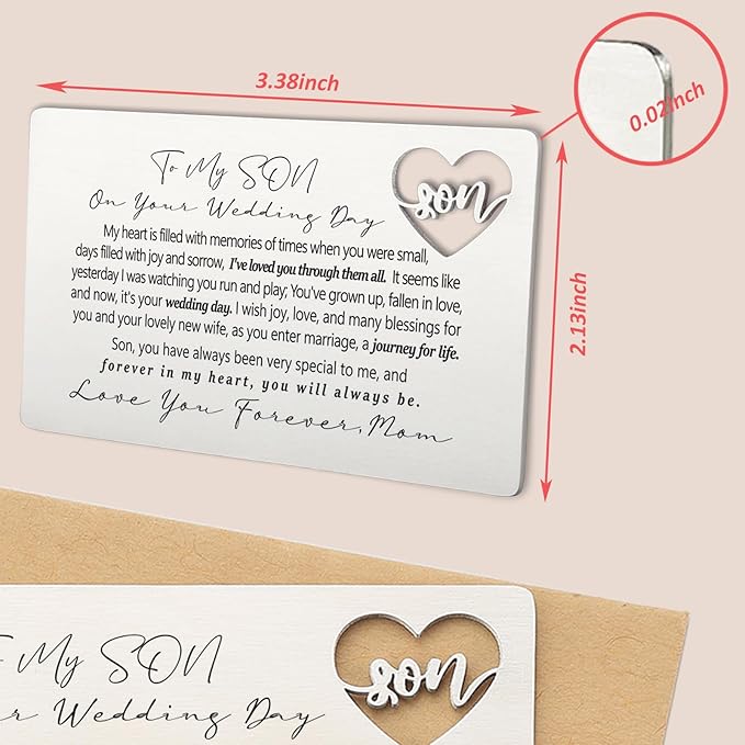 YODOCAMP To My Son on Your Wedding Day Wallet Insert, Stainless Steel Laser-Engraved Postcard with Heart Cutout from Mom, Sentimental Wedding Gift for Son, Pocket Keepsake with Loving Message QBK03