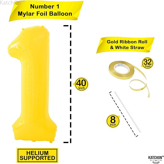 KatchOn, Yellow Number 1 Balloon - 40 Inch, Helium Supported | Mylar Foil Yellow One Number Balloon for First Happy Birthday Decorations | 1st Anniversary Decorations | Birthday Party Decoration