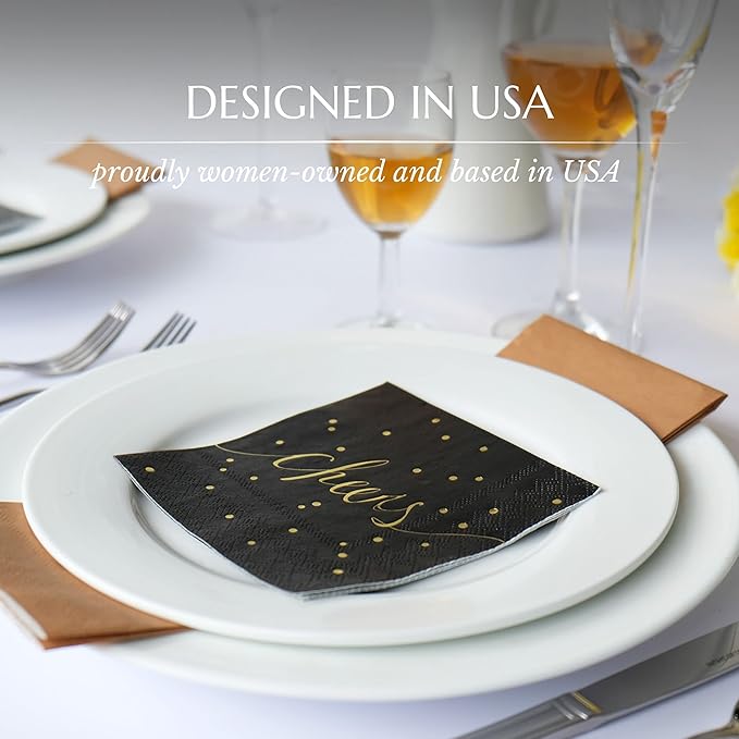 Black & Gold Disposable Party Napkins - 3 Ply, Pack of 100 for Bar, Cocktail, Bachelorette Parties
