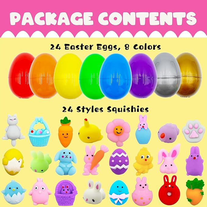 24 Pack Easter Mochi Squishy Toys Filled Easter Eggs, Plastic Easter Eggs Filled with Easter Squishy Toys for Eggs Hunt, Gifts for Kids Boys Girls Party Favors, Easter Basket Stuffers