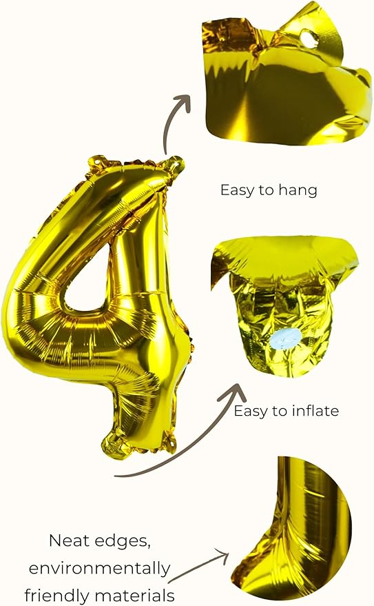 Gold Number “4”Balloons 16 Inch, Mylar Foil Custom Single Letter, Hanging, Reusable for girls boys adults Birthday,Surprise,Wedding, Celebration, Sports Party Event Decoration Supplies