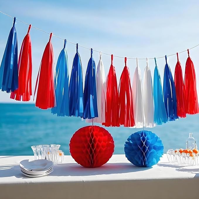 Red White & Blue Paper Tassels Garland Banner - Patriotic Tassel Decor for Birthday, Baby Shower, Family Party, Graduation, Engagement (30-Pack)