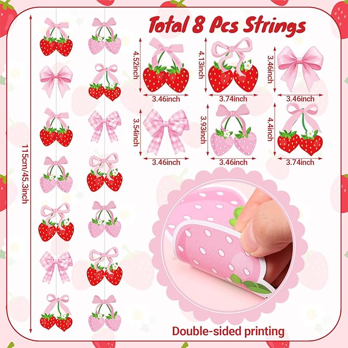 Xinnun Pink Bow Strawberry Party Decorations Pink Bow Hanging Banners Berry Sweet Banner Decor Bowknot Theme Streamer for Summer Birthday Bridal Engagement Bachelorette Wedding Party Decor(Strawberry)