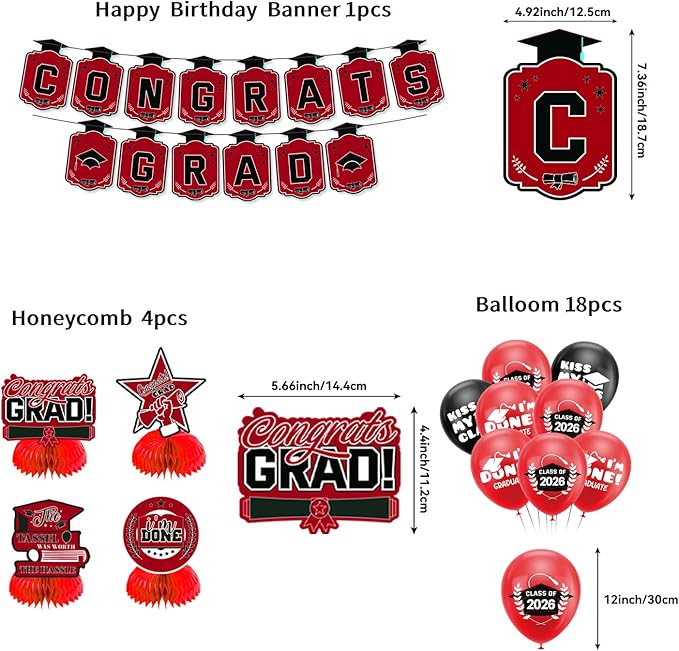 Graduation Decorations 2026 Red Themed Set - Congrats Grad Banner, Class of 2026 Backdrop, Balloons & Streamers Kit - Complete Party Supplies for High School & College Celebrations