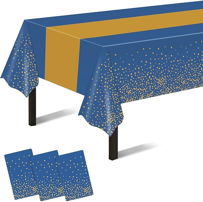 Childom 3 Pack Graduation Tablecloth,Graduation Decorations Class of 2026 Graduation Party Decorations,54"x108" Blue and Gold Plastic Table Cloth Disposable for Home,School,Birthday,Wedding,Parties